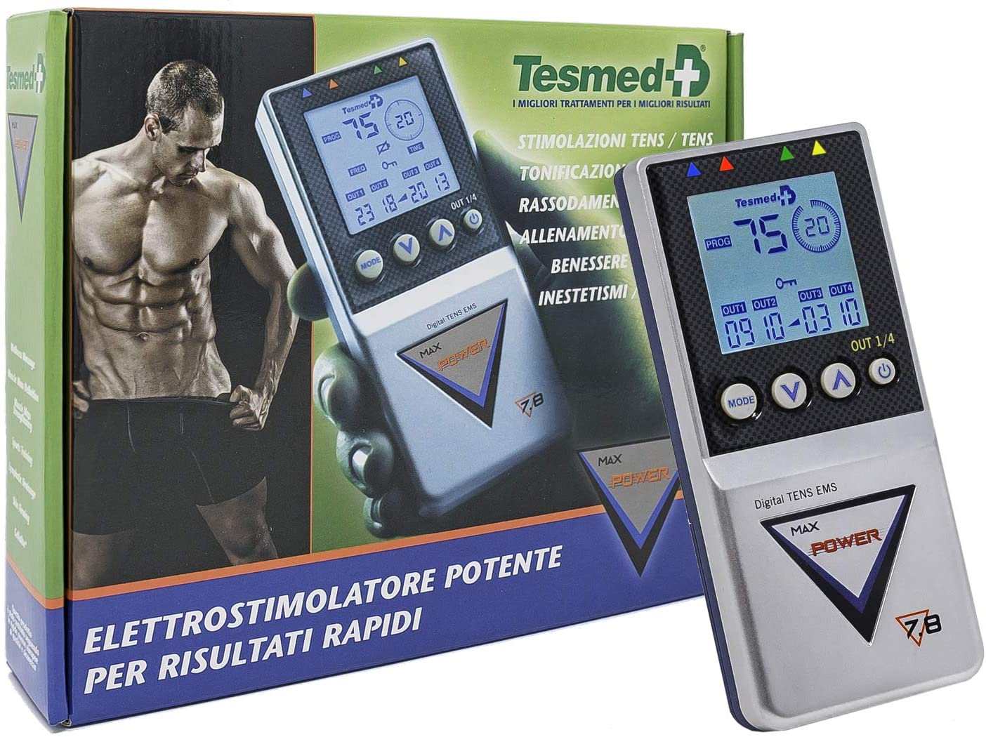 TESMED MAX 7.8 POWER Muskel-Elektrostimulator mit 8 Elektroden – 125 Behandlungsarten: Bauchmuskeln, Kräftigung, Muskelaufbau, Ästhetik, Massagen